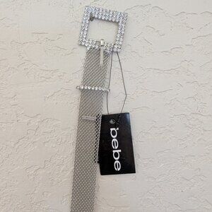 Vintage Silver Metal Bebe Chain Belt Y2K 90s Rhinestone Buckle